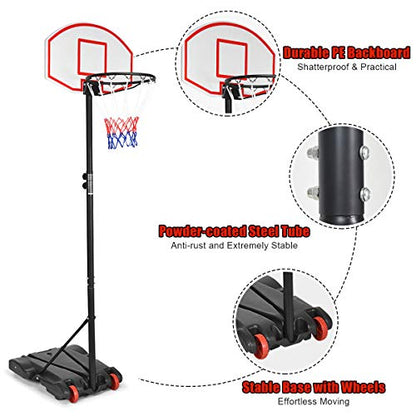 GYMAX Basketball Hoop, 7.1-8.1FT Adjustable Basketball System w/Shatterproof Backboard, Fillable Base, 2 Wheels & Nets, All Weather Portable Basketball Goal for Kids Teens Adults, Indoor Outdoor Gym