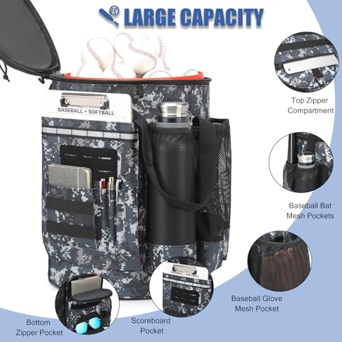 Baseball Bucket Bag 6 Gallon Bucket Cover Organizer w/Padded Seat tactical Softball Coaches Bag for Balls, Bat, Gloves, Scoreboards