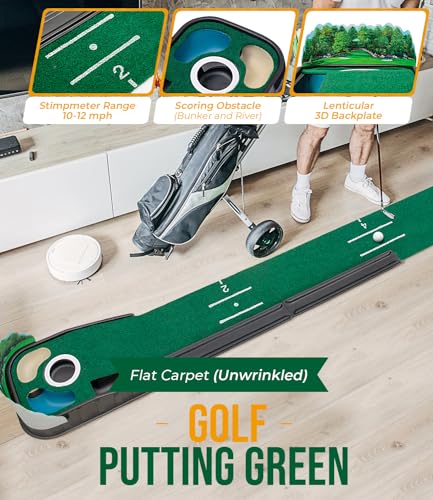 Putting Green Indoor - Golf Putting Mat boasts Genuine Green Speed and a Wrinkle-Free Surface. 8ft Practice Putting Mat with lenticular 3D Backplate, Alignment Guides and Ball Return