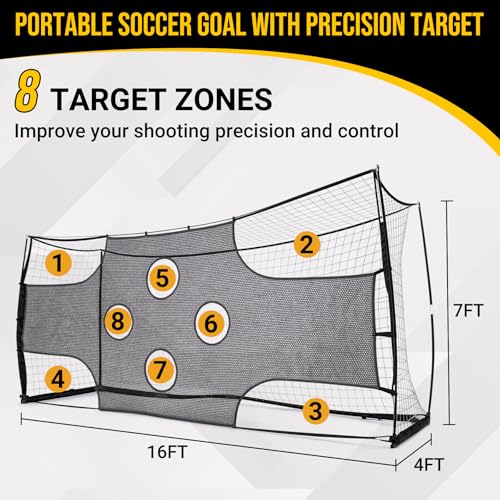 Soccer Goal with Precision Target, 12x6 ft/ 16x7 ft Soccer Net with Carry Bag & Ground Stakes, Quick Setup, Portable Soccer Goal for Youth Adults Practice, Games, Skill Improvement