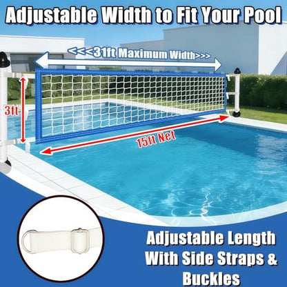 Upgrade Pool Volleyball Net Replacement, Adjustable Length 15-31 FT Portable Volleyball Net for Inground Pools & Above Ground Pools, Heavy Duty PE Net for Backyard Swimming Pool Beach(Net Only)