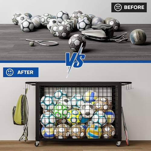 Boshen 41.7" Extra Large Ball Cart Storage Rolling with Lockable Wheels Lid & Removable Handle, XXL Sports Equipment Basketball Storage Holds Up to 36 Balls for School, Club, Gym, Garage