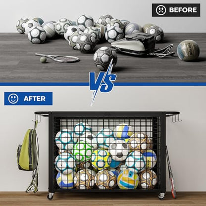 Boshen 41.7" Extra Large Ball Cart Storage Rolling with Lockable Wheels Lid & Removable Handle, XXL Sports Equipment Basketball Storage Holds Up to 36 Balls for School, Club, Gym, Garage