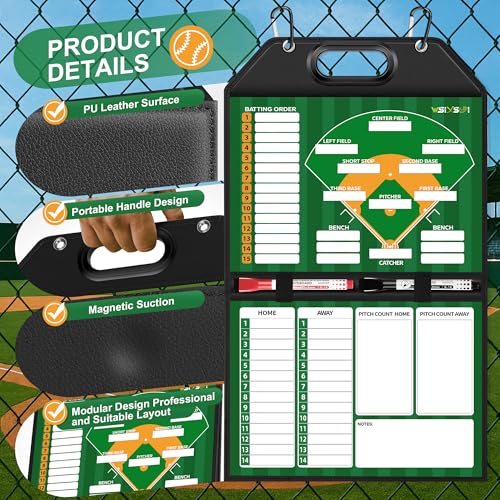 Magnetic Baseball Lineup Board – Foldable Dugout Display with Carry Handle for Coaches and Teams | Portable Leather-Covered Strategy & Lineup Planner - style: Baseball