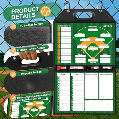 Magnetic Baseball Lineup Board – Foldable Dugout Display with Carry Handle for Coaches and Teams | Portable Leather-Covered Strategy & Lineup Planner - style: Baseball