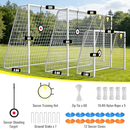 Soccer Goal for Backyard - 12×6/8×6/6×4 FT, Training and Tournament Size Metal Frame Soccer Net with Target Net, Shooting Target & 12 Training Cones for Kids Teens Adults Easy Assembly - size: 12x6 ft