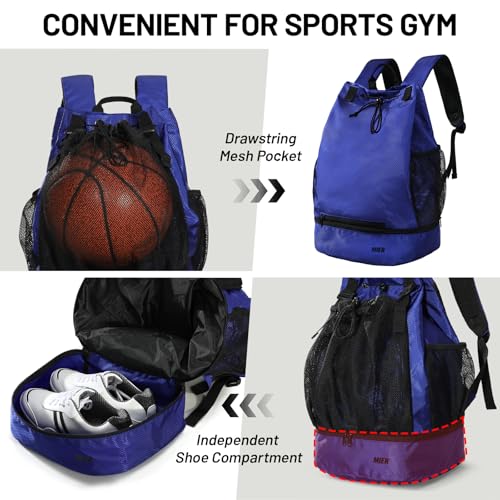 MIER Drawstring Basketball Backpack Soccer Bag with Shoe Compartment & Mesh Pocket Sports Gym String Backpack for Women Men, Lightweight - color: Blue
