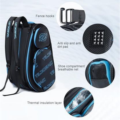 TILDOSAC 2-in-1 Detachable Pickleball & Padel Bag for Men Women | Thermal Foil Insulated Racket Compartment | Outdoor & Gym - color: Black Blue