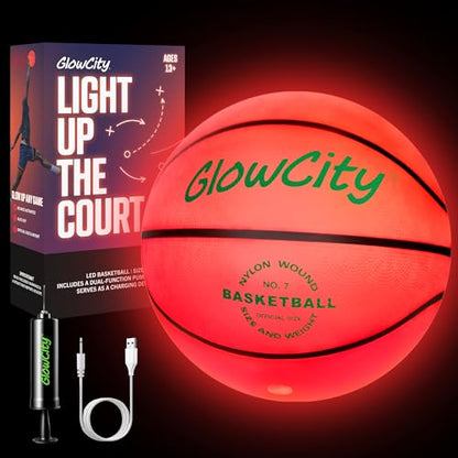 GlowCity Glow in The Dark Basketball - Size 5, 6, 7 Light Up Ball for Kids, Teens & Adults - Night Outdoor Games - Sports Birthday Gifts Ideas for Boys Ages 6 7 8 9 10 11 12 13 14 15 - size: Size 7 - 29.5", style: Rechargeable Rubber (Pump + Box)