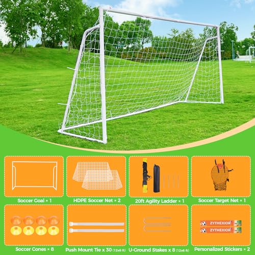 Soccer Goal 12x6,10x6.5, 8x6, 6x4FT Soccer Goals for Backyard Metal Soccer Goals for Kids Youth Adults Large Outdoor 2" Steel Soccer Goal Post Frame with Soccer Net Target Net Portable Agility Ladder - style: 12×6 FT
