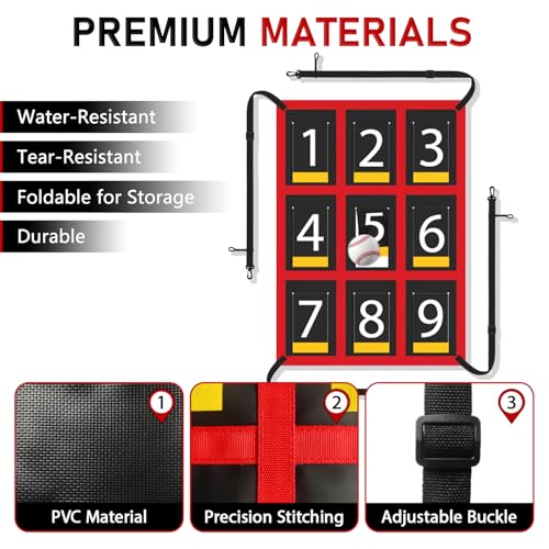 7x7 ft Baseball & Softball Practice Net with 9 Numbered Strike Zone | PRO Training Net for Hitting, Pitching & Batting | with Carry Bag, Bow Frame for All Ages & Skills - color: red
