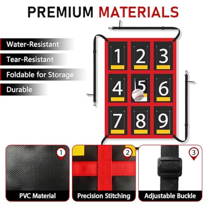 7x7 ft Baseball & Softball Practice Net with 9 Numbered Strike Zone | PRO Training Net for Hitting, Pitching & Batting | with Carry Bag, Bow Frame for All Ages & Skills - color: red