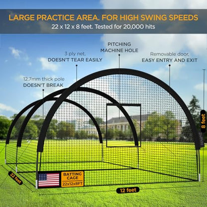 Baseball Batting Cage Net Batting Cages for Backyard Portable Pop Up Cage for Baseball and Softball with Pitching Machine Hole and Detachable Door (22ftx12ftx8ft) - size: 22ftx12ftx8ft