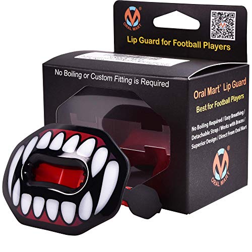Oral Mart Flag Football Mouth Guard with 3D LipFit Design for Kids - Youth Football Mouthguard (No Boil) Cool Instant Fit Lip Guard Mouthpiece for Braces (Detachable Helmet Strap Included) - color: Fangs/Vampire