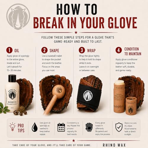 Rhino Wax - Baseball Glove Ultimate Break-in Kit - Includes Premium Oil for Ball Gloves, Mitt Conditioner, Hardwood Mallet, Wrap, Brush, and Microfiber Cloth - This is How to Break in a Glove Fast