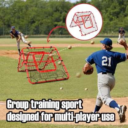 Storgem Baseball Softball Rebounder Net, Pitch Back Rebound Net,Soccer Rebound Net, Fielding Rebounder,Double Sided Adjustable Multi-Sports Pitching Rebound Net for Throwing Practice - style: 33 x 33in-Red