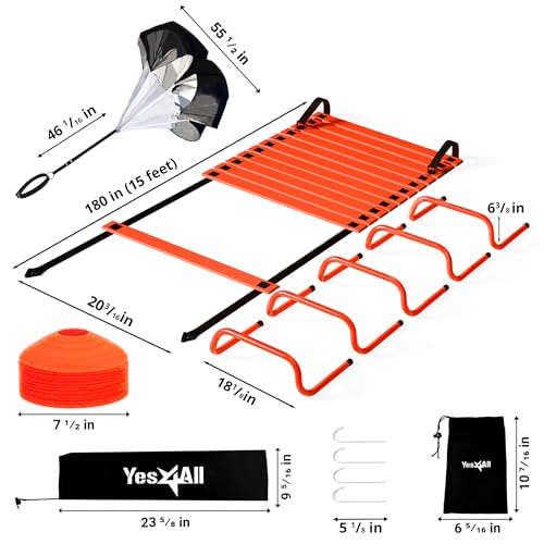 Yes4All Agility Ladder Speed Training Equipment Set - 1 Adjustable Agility Ladder, 12 Soccer Cones, 5 Hurdles, Jump Rope, Running Parachute - Speed & Agility Training Equipment for All Ages - color: B. Set Orange