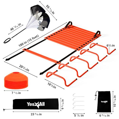 Yes4All Agility Ladder Speed Training Equipment Set - 1 Adjustable Agility Ladder, 12 Soccer Cones, 5 Hurdles, Jump Rope, Running Parachute - Speed & Agility Training Equipment for All Ages - color: B. Set Orange