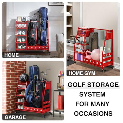 Lauren&Harold Golf Bag Organizer Garage Storage, Golf Storage Rack Stand Fits 2 Golf Bags, Golf Clubs and Other Golfing Equipment Accessories, Golf Organizer for Garage, Club, Shed, Basement