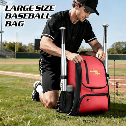Youth Baseball Bag, Lightweight Softball Bag with Shoes Compartment, Baseball Backpack with Fence Hook for TBall Bat & Equipment - color: Red