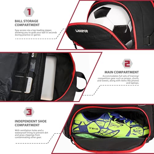 LARIPOP Soccer Backpack with Ball Holder & Shoe Compartment Large Capacity Youth Sports Bag for Training - color: Red
