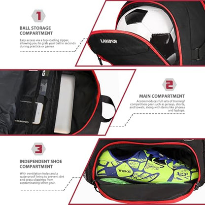 LARIPOP Soccer Backpack with Ball Holder & Shoe Compartment Large Capacity Youth Sports Bag for Training - color: Red