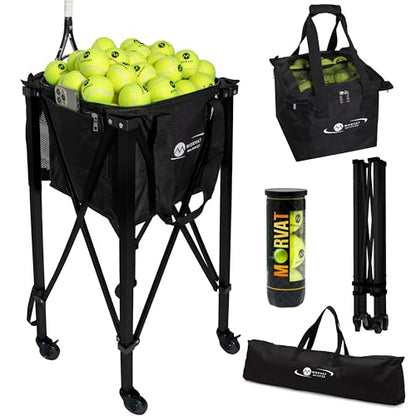 MORVAT Professional Tennis & Pickle Ball Hopper Holds 165 Balls Heavy-Duty Pro Sports Practice Cart, Foldable Portable Compact & Lightweight Zippered Pocket & Racket Holder, Carry Bag + 3 Tennis Balls - style: Hopper Bag With Cart