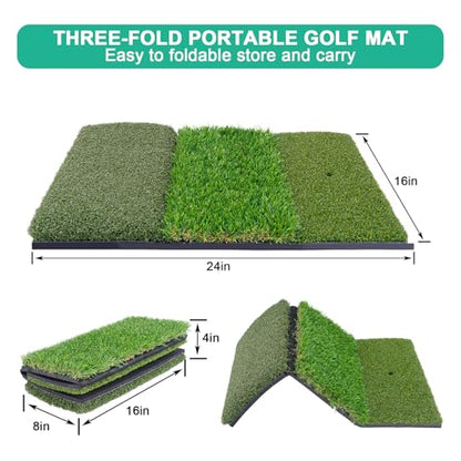 Golf Hitting Mat 24"x16" | 24"x24" Tri-Turf Golf Practice Mat Outdoor Indoor Portable Training Matt Traint Aid Batting Turf Matt for Chipping, Driving and Full Swing Practice