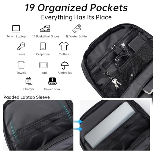 Pro Basketball Bag with Size 14 Shoe Compartment & Detachable Ball Mesh,Large Basketball Backpack for Boys with Wet Dry Separation,Insulated Cooler Pocket,Best for Basketball,Soccer,Volleyball