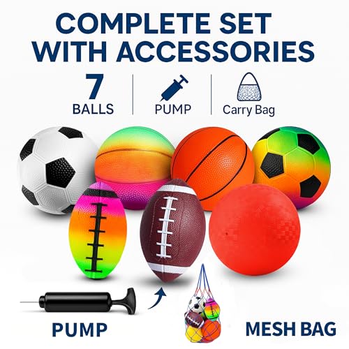 8.5 Inch Sports Balls Set 7 Pack,Playground Balls for Kids&Adults, Includes Soccer Ball, Basketball, and Football,Rainbow Ball for Outdoor & Indoor Games, Boys and Girls Gift with Gift Box