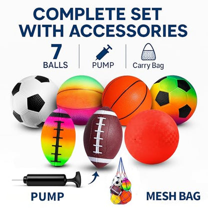 8.5 Inch Sports Balls Set 7 Pack,Playground Balls for Kids&Adults, Includes Soccer Ball, Basketball, and Football,Rainbow Ball for Outdoor & Indoor Games, Boys and Girls Gift with Gift Box