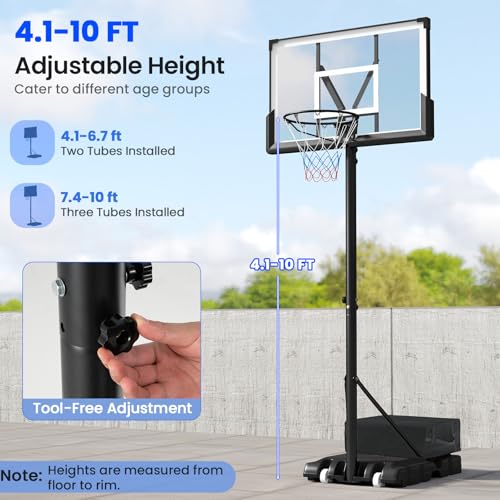 Goplus Basketball Hoop Outdoor, 4.1-10 FT Height Adjustable Basketball Goal System with 45 Inch Shatterproof PC Backboard, Wheels for Adults in Court, Backyard, Driveway, Pool