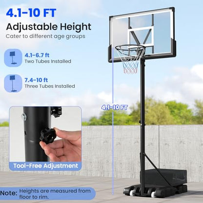 Goplus Basketball Hoop Outdoor, 4.1-10 FT Height Adjustable Basketball Goal System with 45 Inch Shatterproof PC Backboard, Wheels for Adults in Court, Backyard, Driveway, Pool