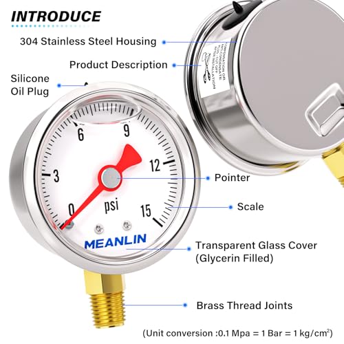0~15Psi Stainless Steel 1/8" NPT 1.5" FACE DIAL, Glycerin Filled Pressure Gauge, Liquid Filled, Water Oil Air, Lower Mount, with 1/4" NPT and 3/8" NPT Hex Bushing - size: 0-15Psi