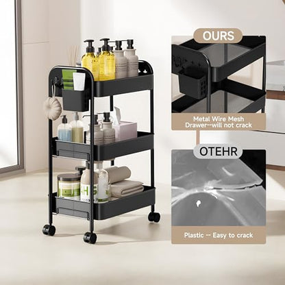 Heavy-Duty Rolling Cart 3 Tier Metal Utility Storage Cart with Casters, Hanging Cups, Hooks, Book Snack Craft Mesh Rolling Storage Organizer for Kitchen Office