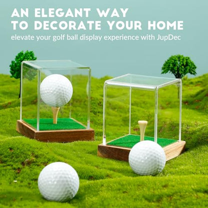 JupDec Golf Ball Display Case Clear Acrylic Memorabilia Stand Cube Holder with Wood Base & Tee, Dust Protection Transparent Storage Box for Single Ball Souvenir Golfball Collections, Brown, 1 Pack - size: 1 Pack