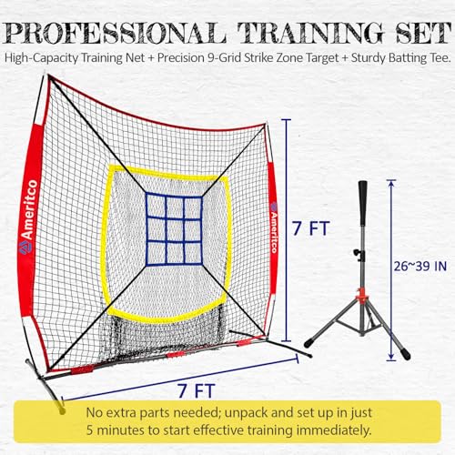 Baseball Net，7x7ft Baseball Practice Net with Tee and Target, Large Pocket Sports net for Hitting/Batting/Pitching/Throwing,Scratch Resistant Base, Versatile Use for All Levels - color: Red