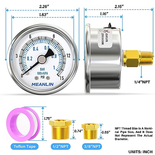 0~15Psi Dry Low Pressure Gauge Stainless Steel 1/4" NPT 2" FACE DIAL Waterproof for Water Oil Air Well Pump Tank Tire Pressure Test Back Mount, with 1/2" NPT and 3/8" NPT Hex Bushing - size: 0-15Psi