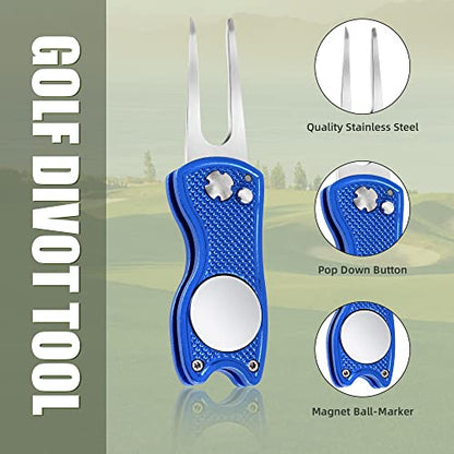 Mile High Life Golf Divot Repair Tool, All Metal Foldable Divot Tool with Pop-up Button & Magnetic Ball Marker, 2-6 Pack - color: Blue Fish