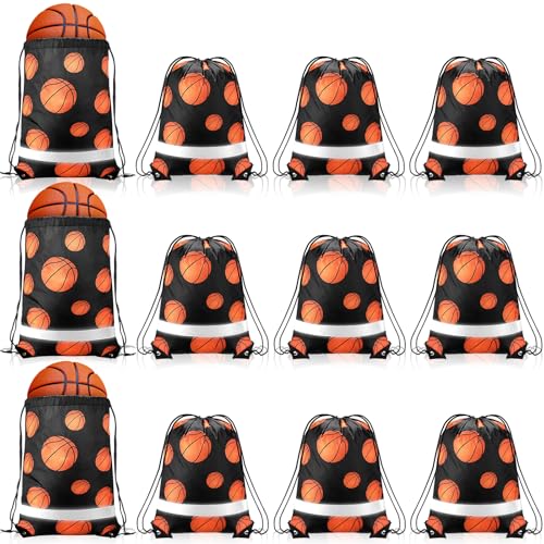 Saintrygo 12 Pcs String Bags Drawstring Back Sack with Reflective Stripe String Bags for Yoga Dance Swimming (Basketball) - style: Basketball