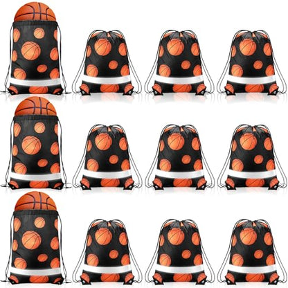 Saintrygo 12 Pcs String Bags Drawstring Back Sack with Reflective Stripe String Bags for Yoga Dance Swimming (Basketball) - style: Basketball