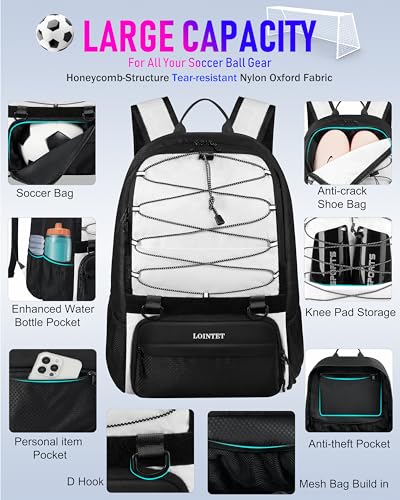 LOINTET Youth Soccer Bag, Soccer Backpack with Ball Compartment, Sports Equipment Training Bags Fits Basketball Football Volleyball and Accessories, Black - color: White