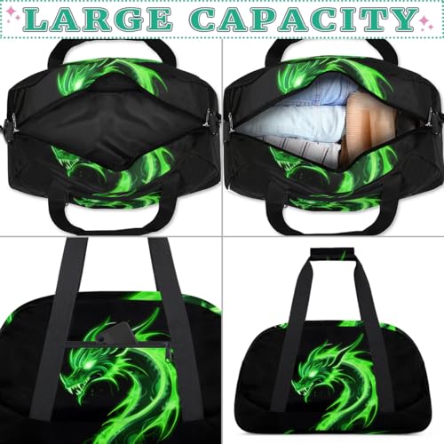 Green Dragon Kids Duffel Bag for Boys, Abstract Animal Sports Gym Bags Overnight Travel Weekender Lightweight Carry On Sleepovers Duffels for School Practice Gymnastics - color: Green Dragon
