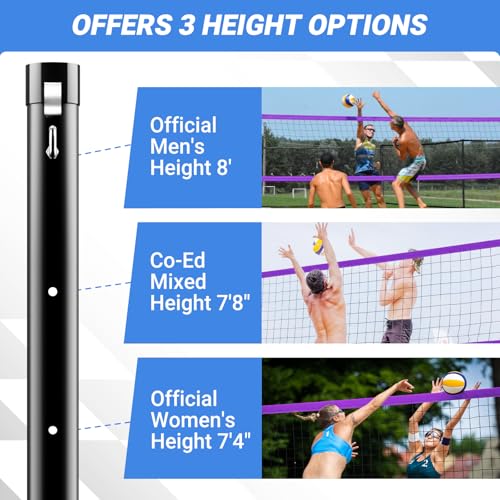 SPOYNAL Portable Volleyball Net for Backyard & Beach - 20FT/32FT Outdoor Volleyball Set with Adjustable Height (8ft/7.8ft/7.4ft), Boundary Line, Volleyball, Pump & Carry Bag - style: 20FT-Purple