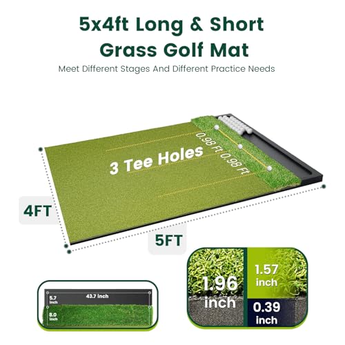 Golf Hitting Mat with Ball Tray 5x4ft - 6x4ft Dual-Turf Practice Mat for Indoor & Outdoor Use Golf Training Mat with Rubber Tee Holes, Suitable for Swing Driving & Chipping - size: 5 x 4 ft - 1.02"