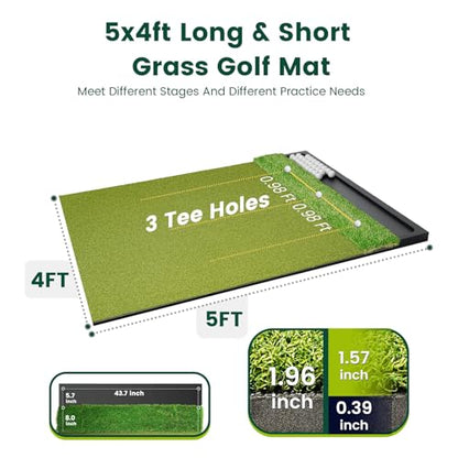 Golf Hitting Mat with Ball Tray 5x4ft - 6x4ft Dual-Turf Practice Mat for Indoor & Outdoor Use Golf Training Mat with Rubber Tee Holes, Suitable for Swing Driving & Chipping - size: 5 x 4 ft - 1.02"