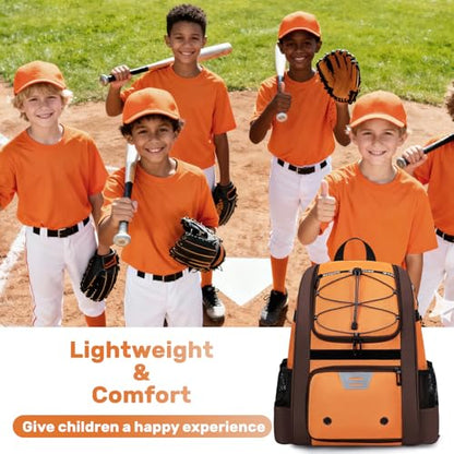 KAVIGOR Youth Baseball Bag, Softball Bag for Girls & Boys, Kids Tball Backpack with Shoes Compartment - color: Orange