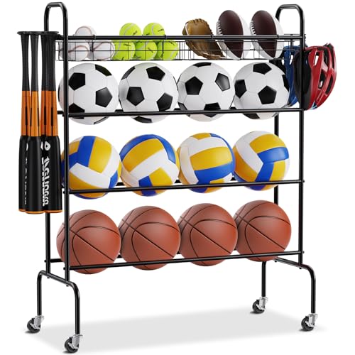 VEVOR Rolling Sports Ball Storage Cart, Lockable Basketball Cage with Double Lids, Sport Equipment Holder Organizer for Indoor Outdoor, Steel Storage Rack for Garages, Playgroup, Gym and Schools - style: 4-tiers rack