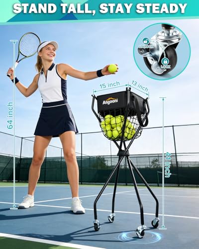 Angooni Upgraded Tennis Ball Hopper for 150 Balls, Tennis Cart with Wheels & Storage Bag, Lightweight Foldable Pickleball Cart, Ideal Gift for Training, Teaching & Family Play