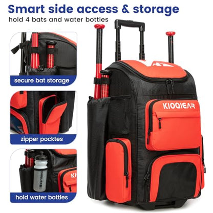 Rolling Baseball Bag with Wheels,Large Softball Bag with Fence Hook for 4 Bats & Equipment,Lightweight Baseball Bat Bag with Shoe Compartment. - color: Red